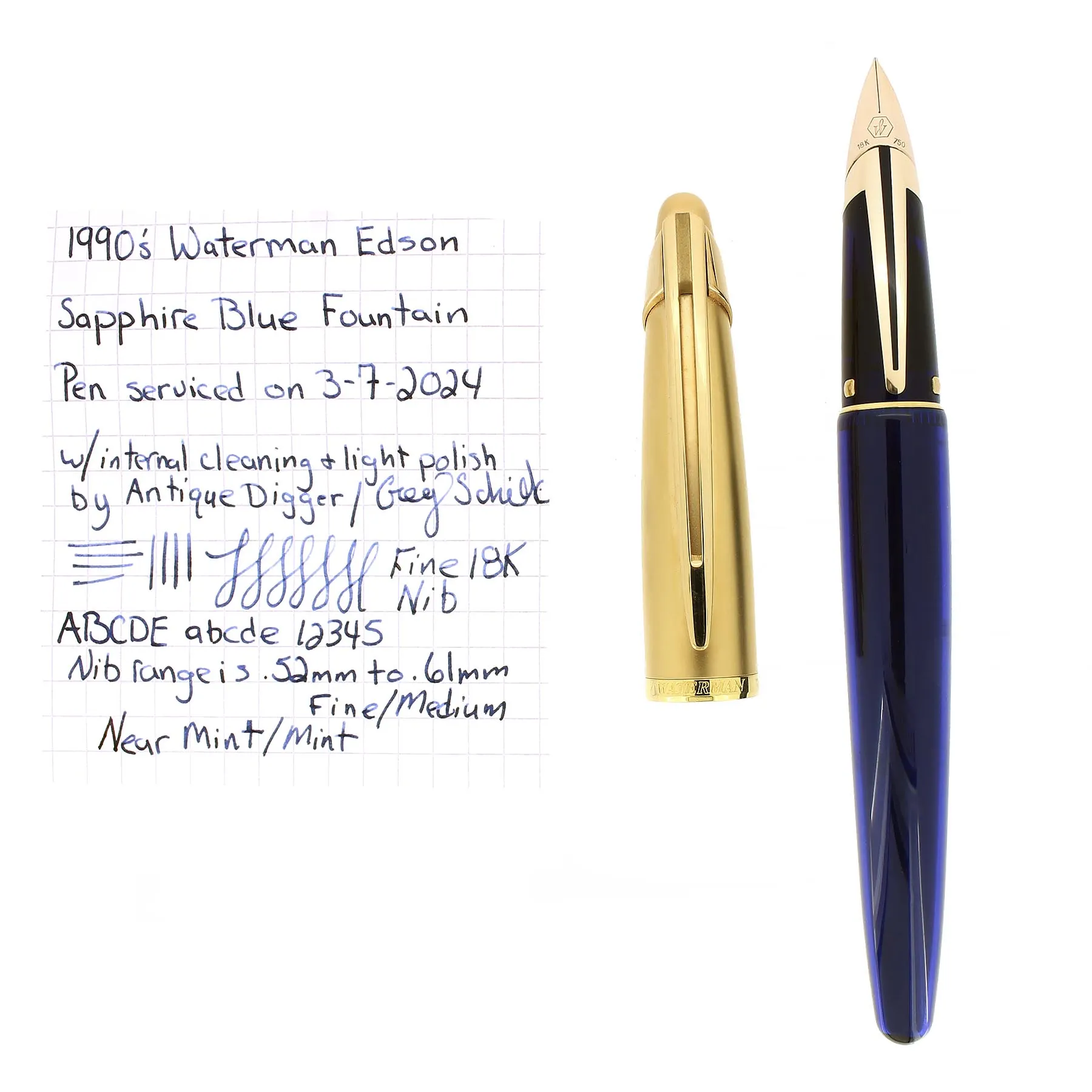 1990S WATERMAN EDSON SAPPHIRE BLUE 18K FINE NIB FOUNTAIN PEN NEAR MINT CONDITION