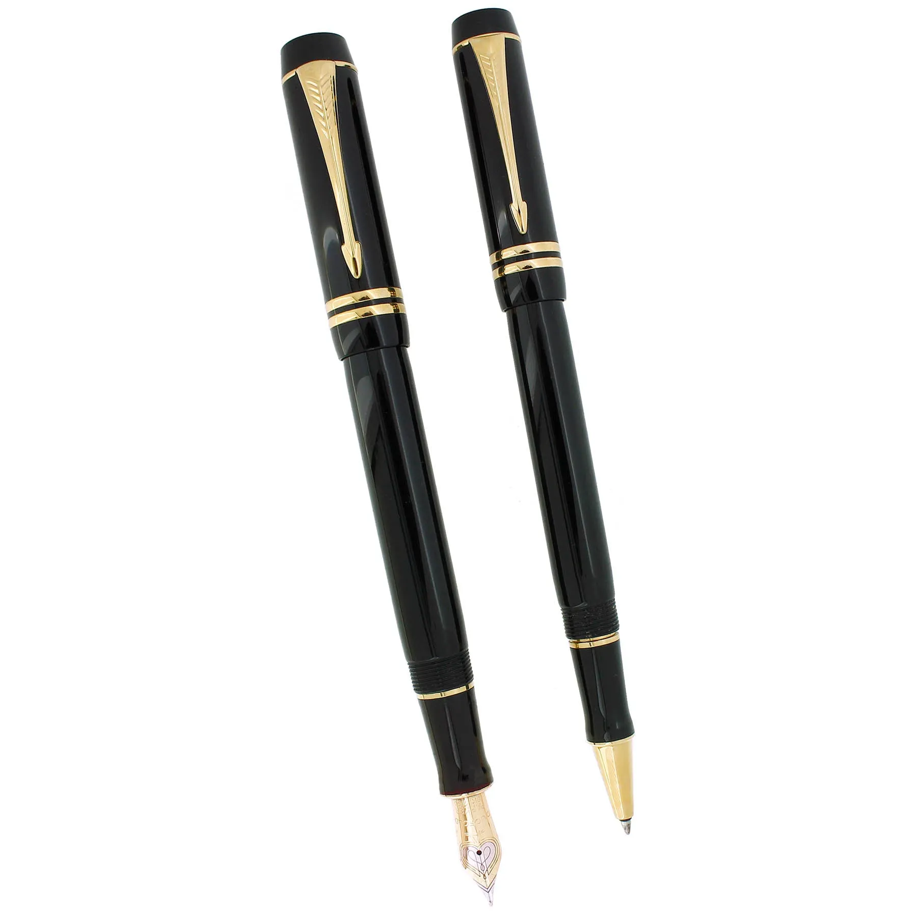 2004 PARKER DUOFOLD CENTENNIAL BLACK FOUNTAIN PEN & ROLLERBALL SET NEAR MINT