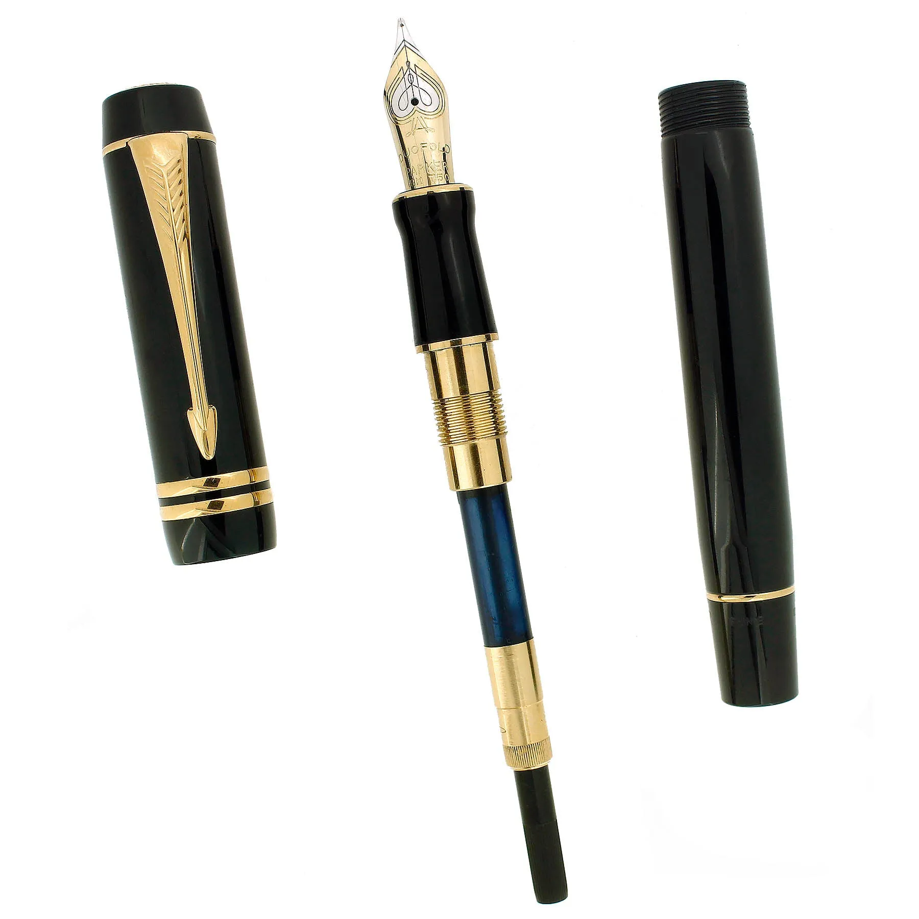 2004 PARKER DUOFOLD CENTENNIAL BLACK FOUNTAIN PEN & ROLLERBALL SET NEAR MINT