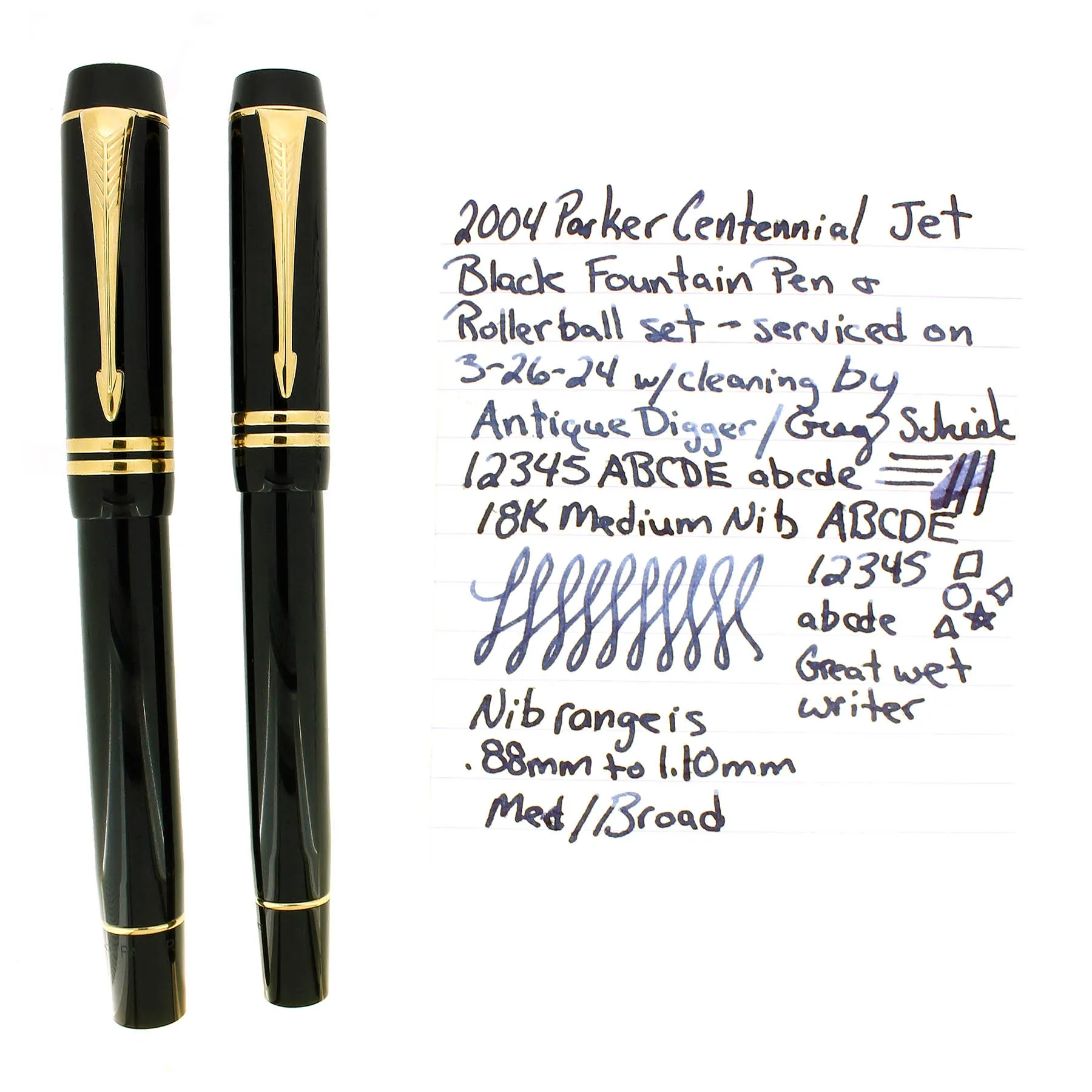 2004 PARKER DUOFOLD CENTENNIAL BLACK FOUNTAIN PEN & ROLLERBALL SET NEAR MINT