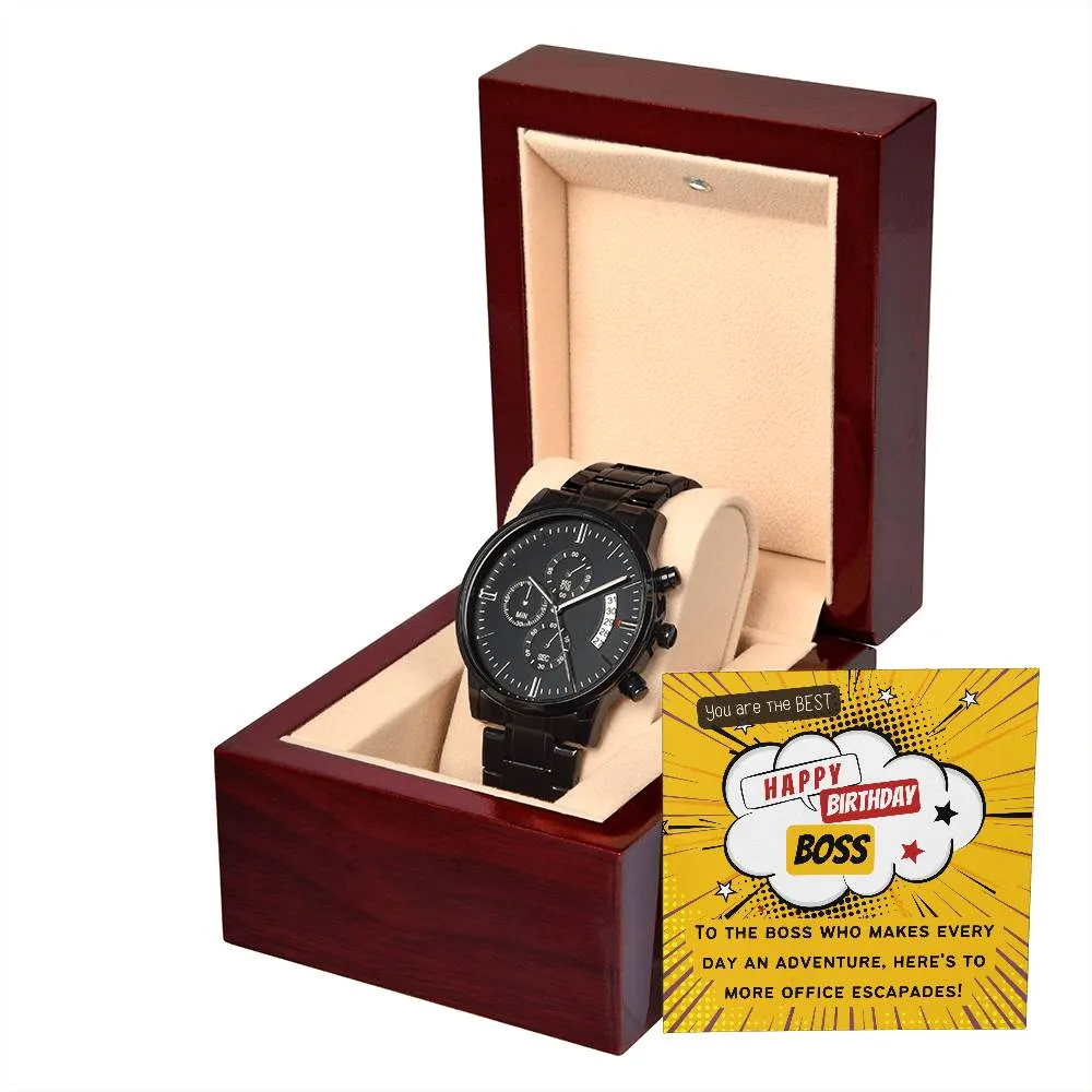 Black Chronograph Watch - The Perfect Gift for Boss Birthday | Three Dial | Water Resistant | Scratch Proof | Gift Box | Retro Vintage Message Card