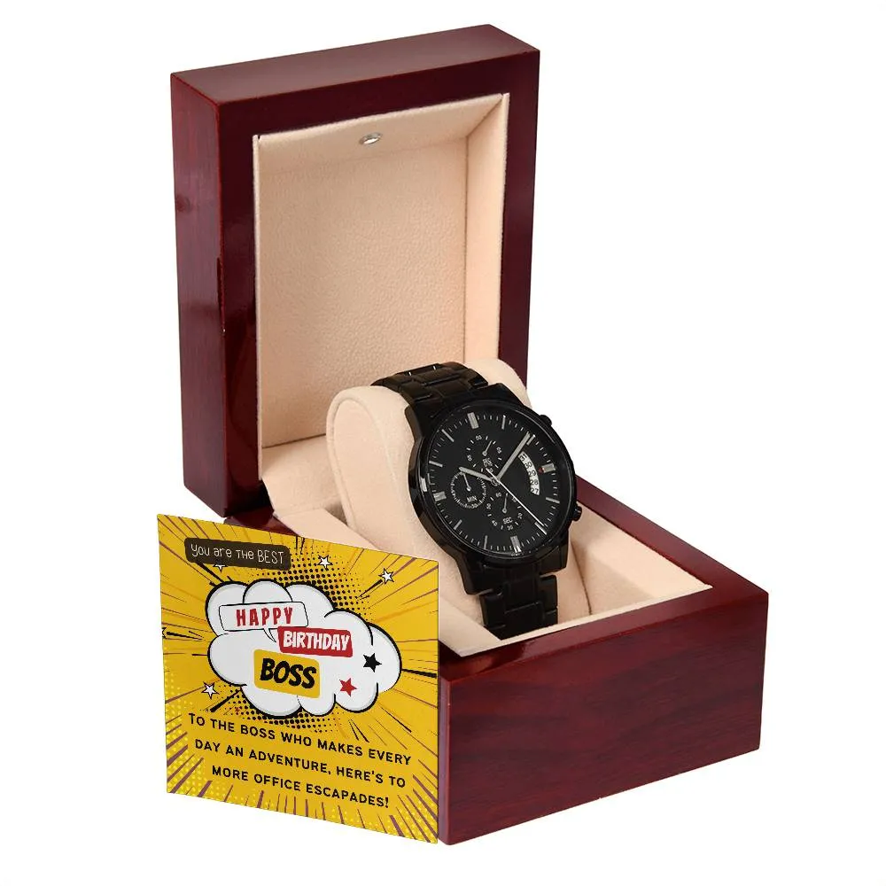 Black Chronograph Watch - The Perfect Gift for Boss Birthday | Three Dial | Water Resistant | Scratch Proof | Gift Box | Retro Vintage Message Card