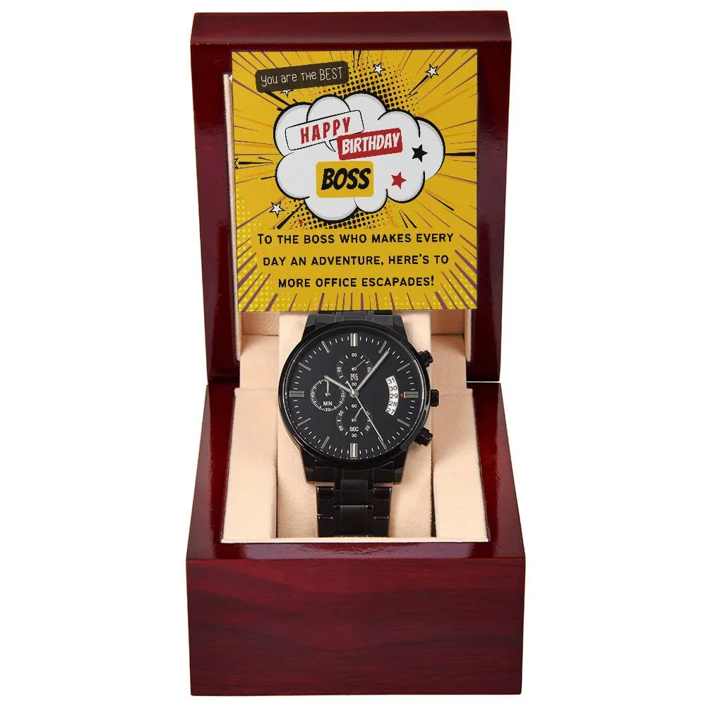 Black Chronograph Watch - The Perfect Gift for Boss Birthday | Three Dial | Water Resistant | Scratch Proof | Gift Box | Retro Vintage Message Card