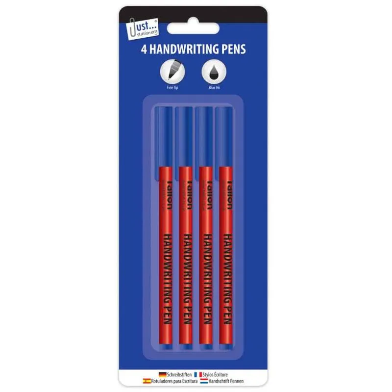 Blue Handwriting Pens - 4 Pack Smooth Ink Ballpoint Fine Tip Office School Stationery