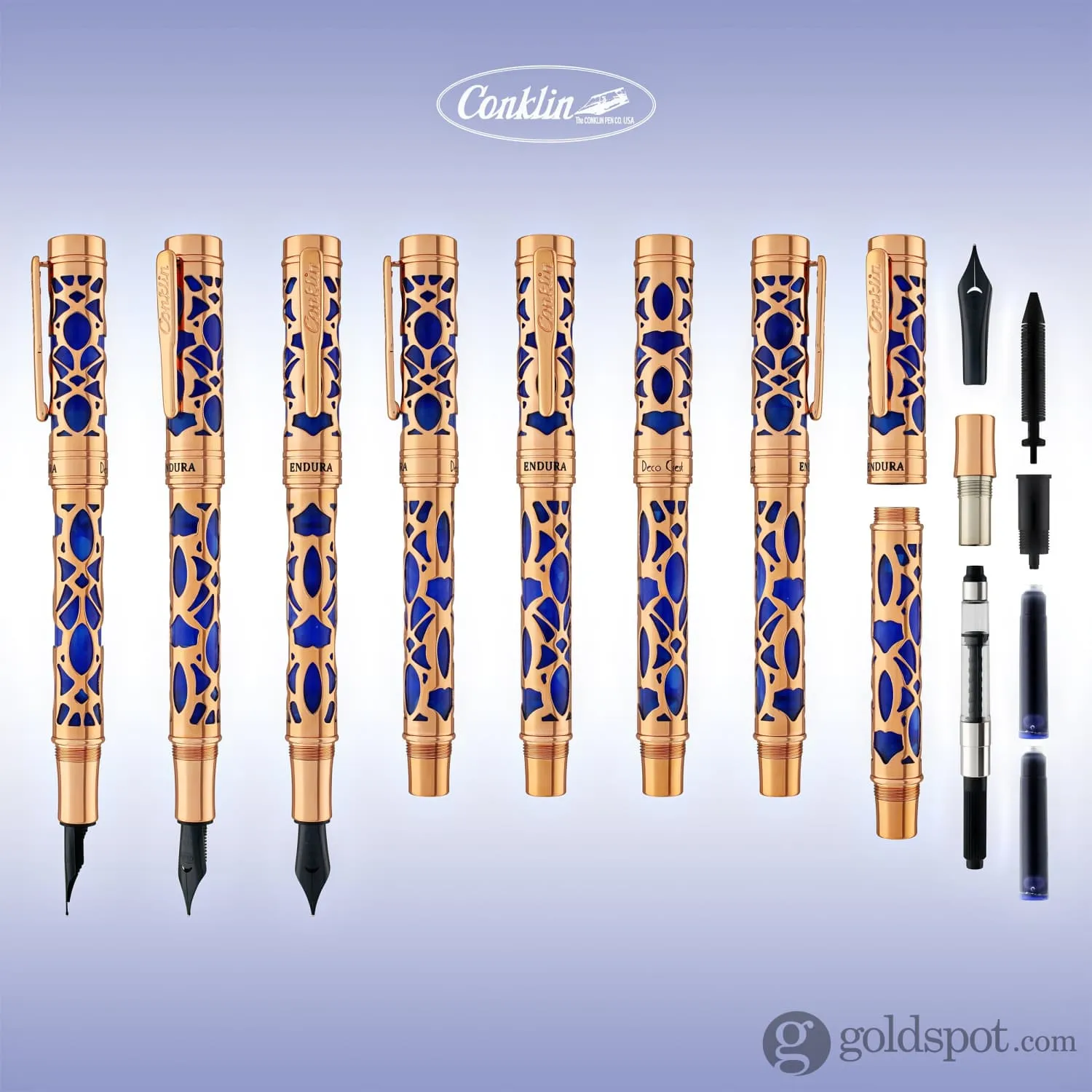 Conklin Endura Deco Crest Fountain Pen in Blue with Rosegold Trim