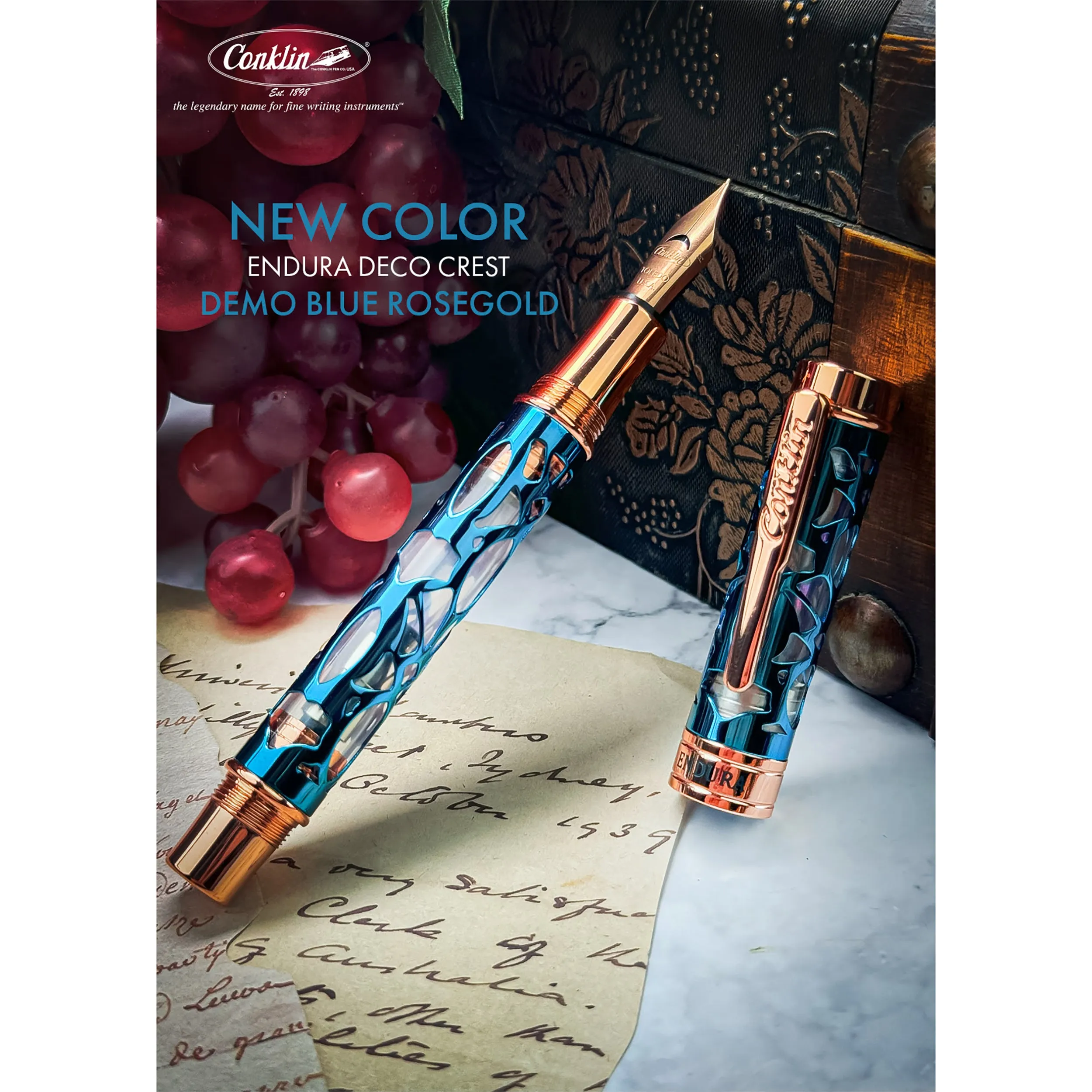 Conklin Endura Deco Crest Fountain Pen in Demo Blue with Rosegold Trim
