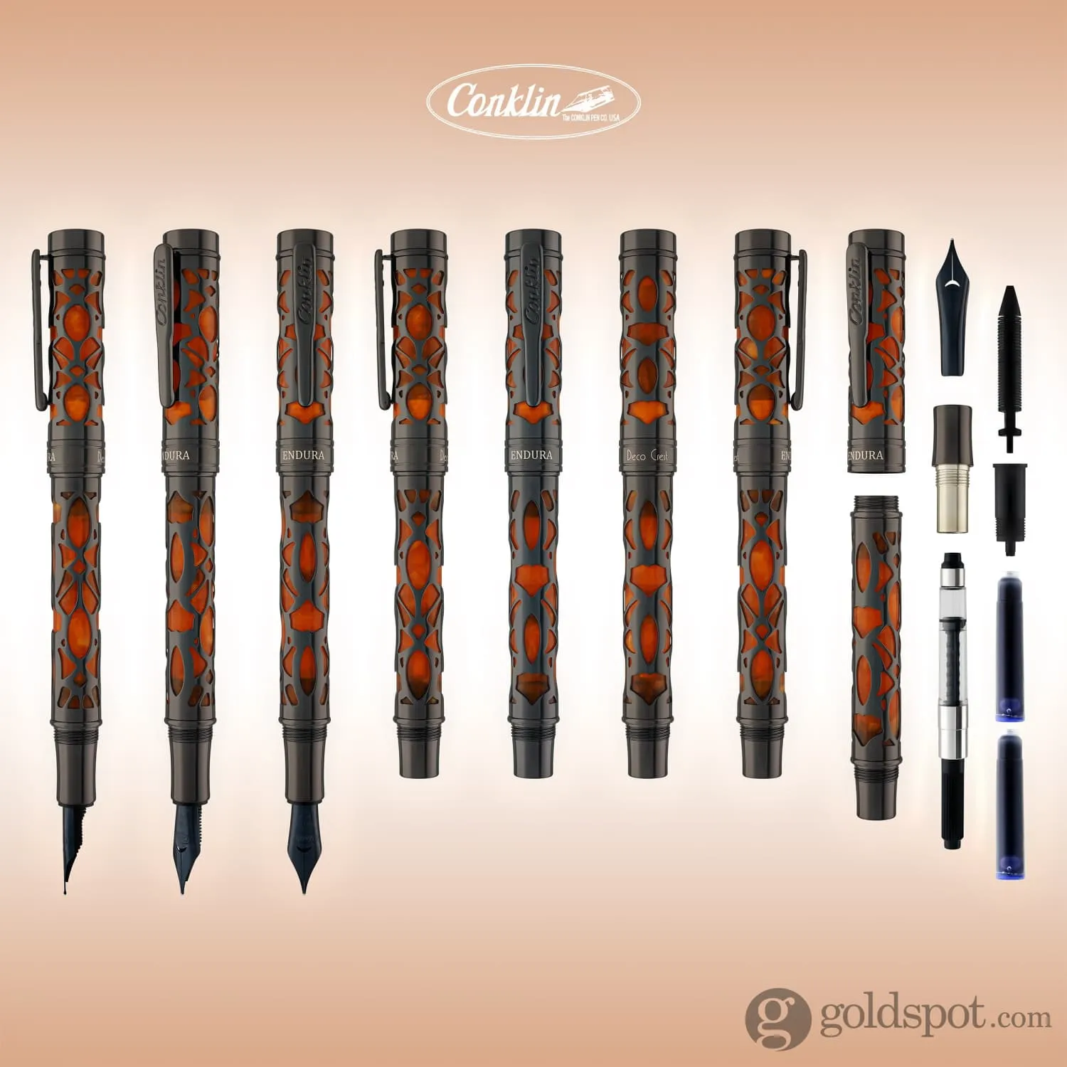 Conklin Endura Deco Crest Fountain Pen in Orange with Gunmetal Trim