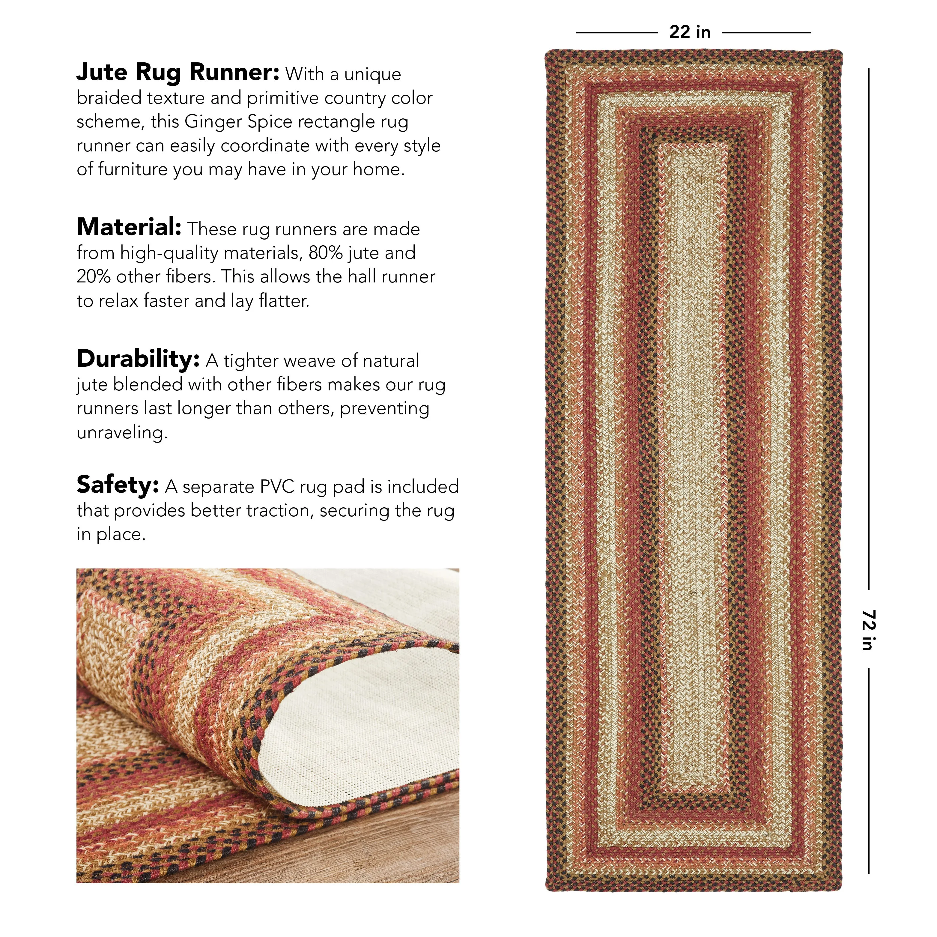 Ginger Spice Jute Rug/Runner Rect w/ Pad 22x72