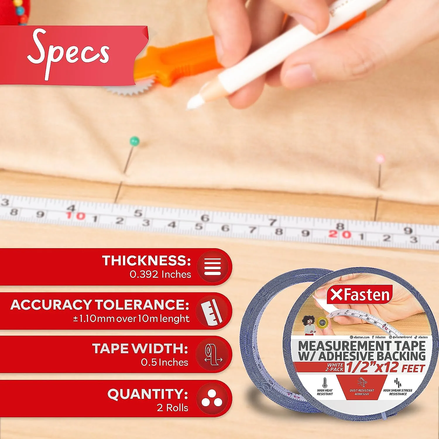 XFasten Measurement Tape with Adhesive Backing | 0.5 Inch x 12 Feet | 2-Pack