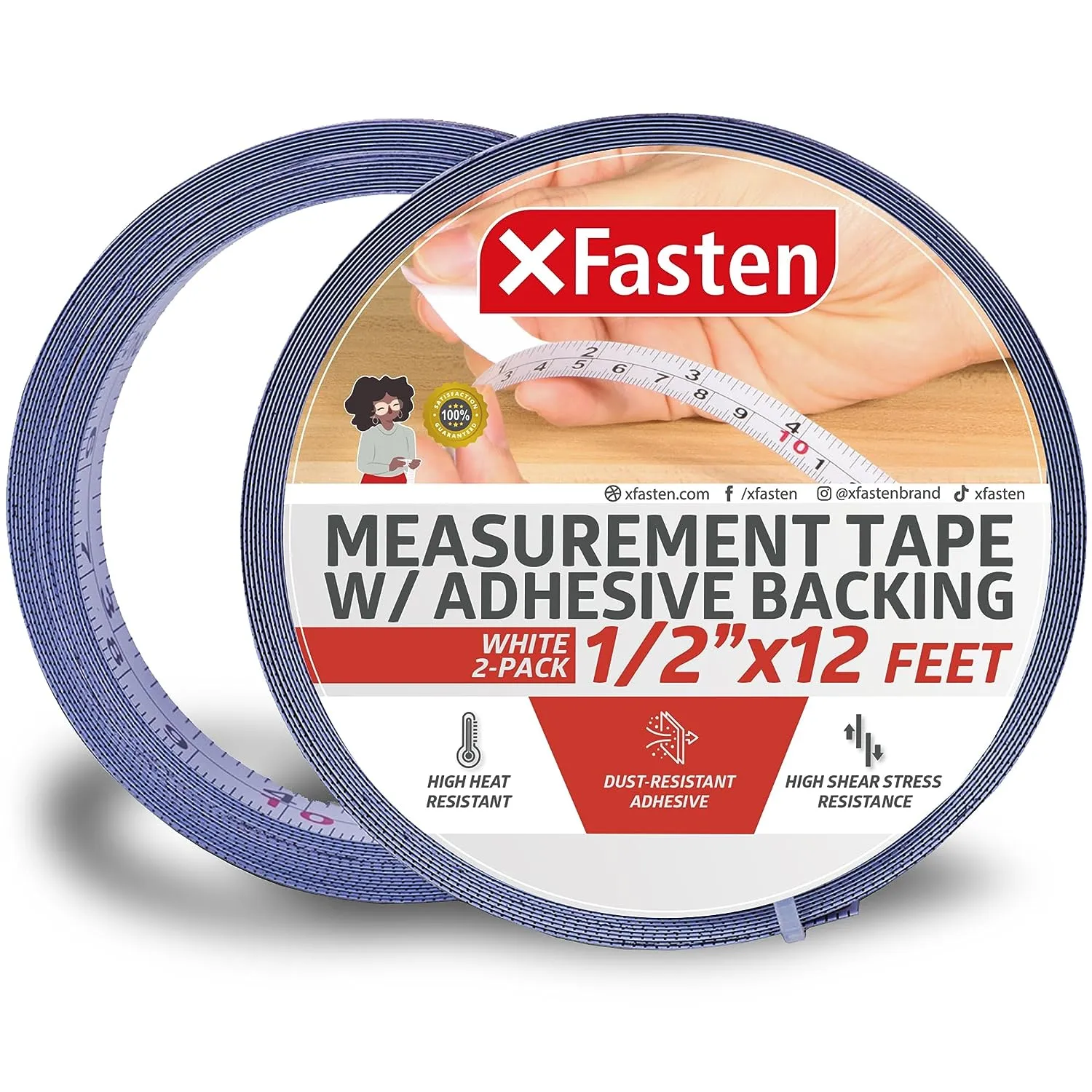 XFasten Measurement Tape with Adhesive Backing | 0.5 Inch x 12 Feet | 2-Pack