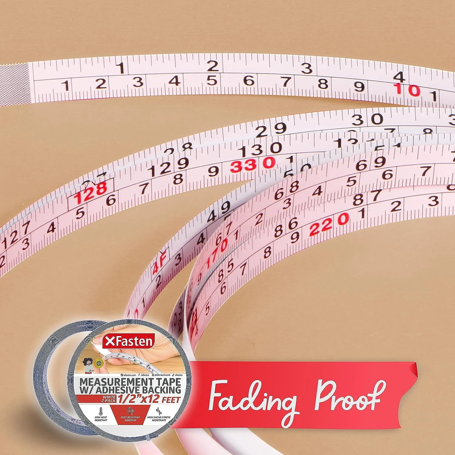XFasten Measurement Tape with Adhesive Backing | 0.5 Inch x 12 Feet | 2-Pack